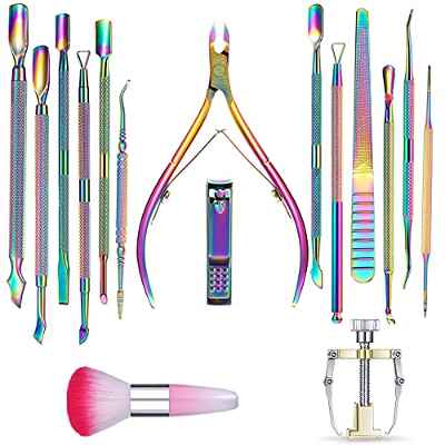 Acmerota 15 pinzas para cutículas y kit de uñas encarnadas, empujador de cutículas, removedor de esmalte de uñas triangular, limpiador de uñas, tenedor, elevador de lima de uñas, cutícula