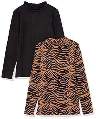 Amazon Essentials Tops Entallados de Manga Larga con Cuello Perkins Niña, Pack de 2, Negro, Animal, 4 años
