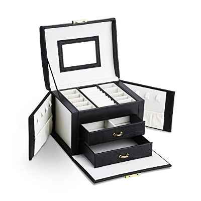 Asvert Caja Joyero Organizador de Joyerías 3 Niveles Cuero con Espejo para Pendientes, Pulseras, Anillos, Almacenamiento y Expositor 17.5x13.5x12cm (Negro)