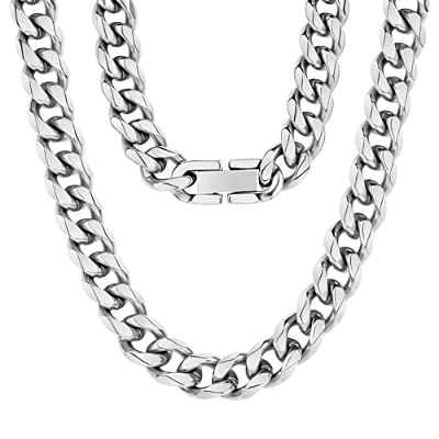 Aucuu Collar Hombre de Acero Inoxidable Plata Cadena Cubana,(8mm/50 cm)Cadena de Eslabones de Plata Cubana, -Color Plata