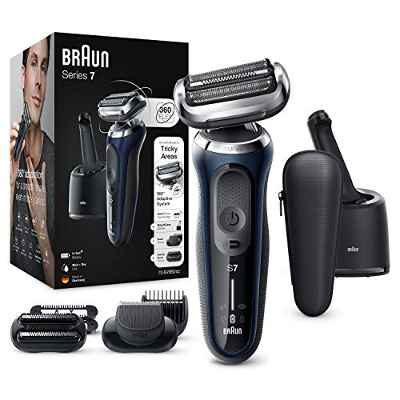 Braun Series 7 Afeitadora Eléctrica Hombre, Máquina de Afeitar Barba con Tecnología AutoSense, Centro de Limpieza, 2 Accesorios EasyClick, Recargable, Inalámbrica, 70-B7850 CC, Azul