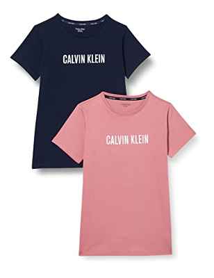 Calvin Klein 2pk Tees Top de Pijama para niña, Petalred/Navyiris, 14-16 Años para Niñas