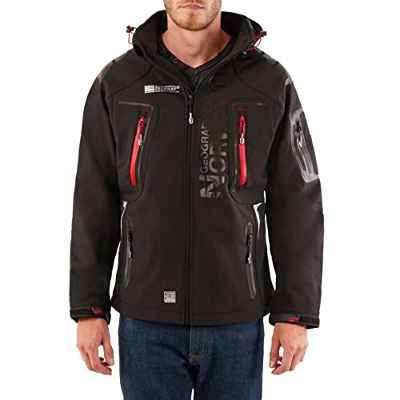 Geographical Norway TECHNO MEN - Chaqueta Softshell Impermeable Hombres - Capucha Hombre Transpirable Exteriores - Chaqueta Invierno Viento - Actividades Ideales Para Exteriores (NEGRO L)