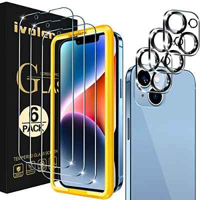 ivoler 7 en 1 Protector de Pantalla Compatible con iPhone 14 6.1 Pulgadas, [3 Piezas]Cristal Vidrio Templado con [3 Piezas] Protector de Lente de Cámara y A Marco de Instalación Fácil, 9H Dureza