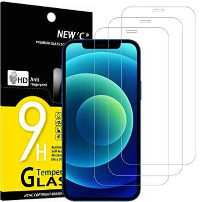 NEW'C 3 Piezas, Protector Pantalla para iPhone 12/12 Pro (6.1), Cristal templado Antiarañazos, Antihuellas, Sin Burbujas, Dureza 9H, 0.33 mm Ultra Transparente, Ultra Resistente