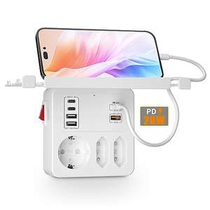 PD20W Enchufe con Interruptor, Ladron Enchufes USB C con Carga Rápida PD3.0 20W y QC3.0 18W, Regletas Enchufes Pared 3 Tomas 6 USB