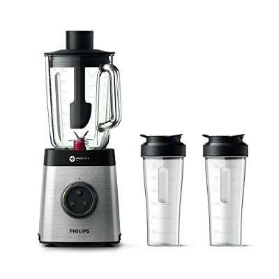 Philips Batidora Americana de Vaso, Jarra 2 L Cristal, 2 Vasos, 1400 W, 2 litros, 87 Decibelios, Plástico, Plata