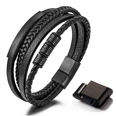 Pulsera de piel para hombre, color negro, con cierre magnético, 22.5centimeters, Cuero