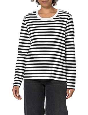 SELECTED FEMME Slfstandard LS tee Str Noos-Camiseta, Negro/Rayas: Blanco Nieve, S para Mujer