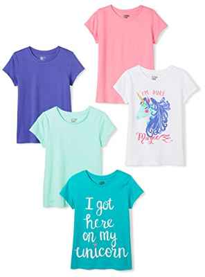 Spotted Zebra Camisetas de Manga Corta Niña, Pack de 5, Rosa/Verde/Blanco, Unicornio, 8 años