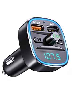 VOODII Transmisor FM Bluetooth Coche, Adaptador Bluetooth Coche Radio Manos Libres Soporte Siri/Bixby/Google Assistant, Disco U/Tarjeta TF, 2 Puerto USB, für Mechero Coche, Manos Libres Inalámbrico